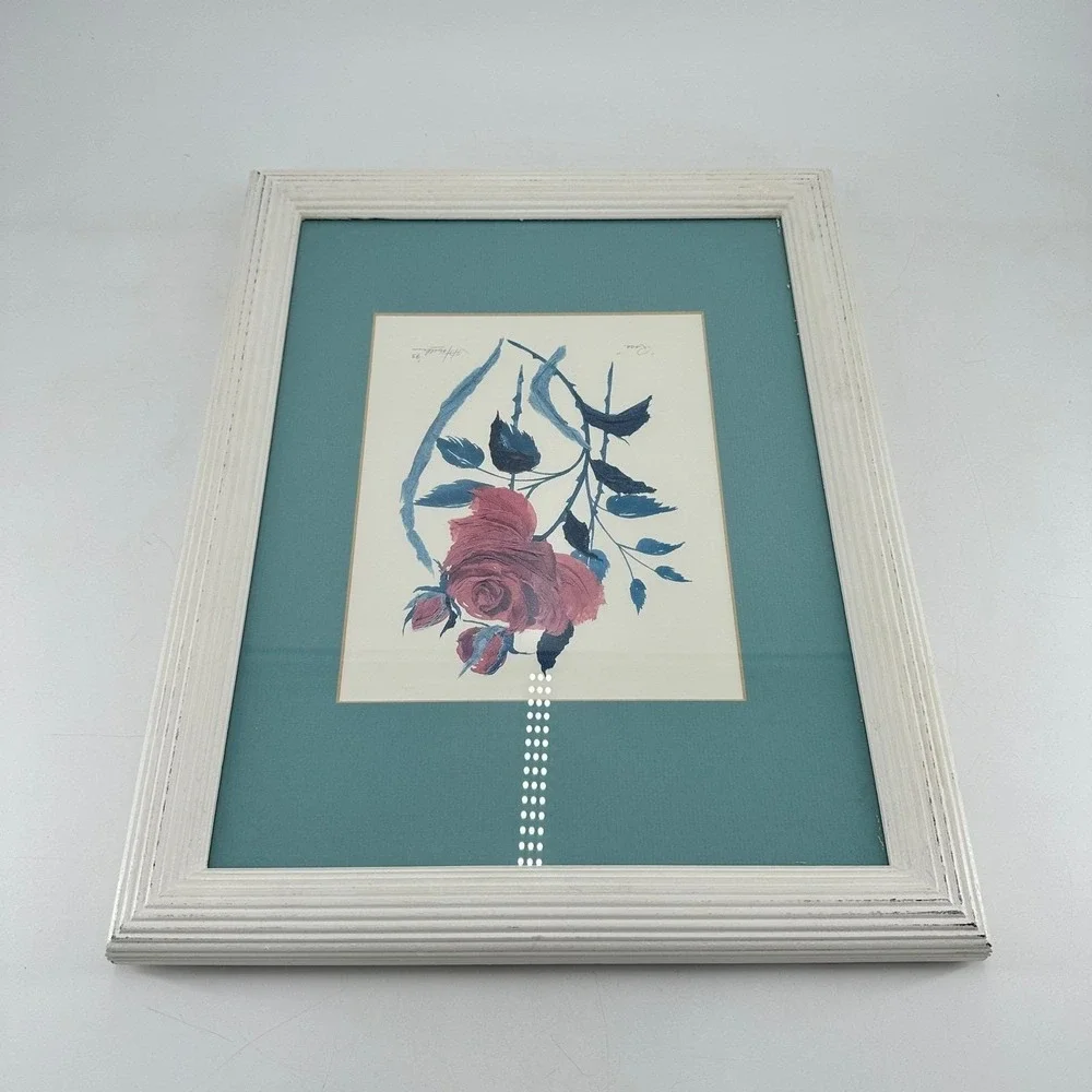 Cottage Victorian Vintage Rose Floral Framed Original Art Pink Blue‎ White Frame